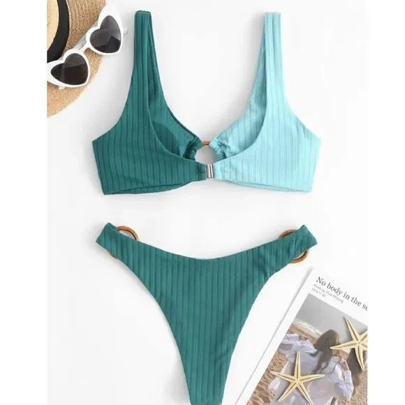 Two Tone Ribbed O-Ring Bikini Bathing Suit Swim